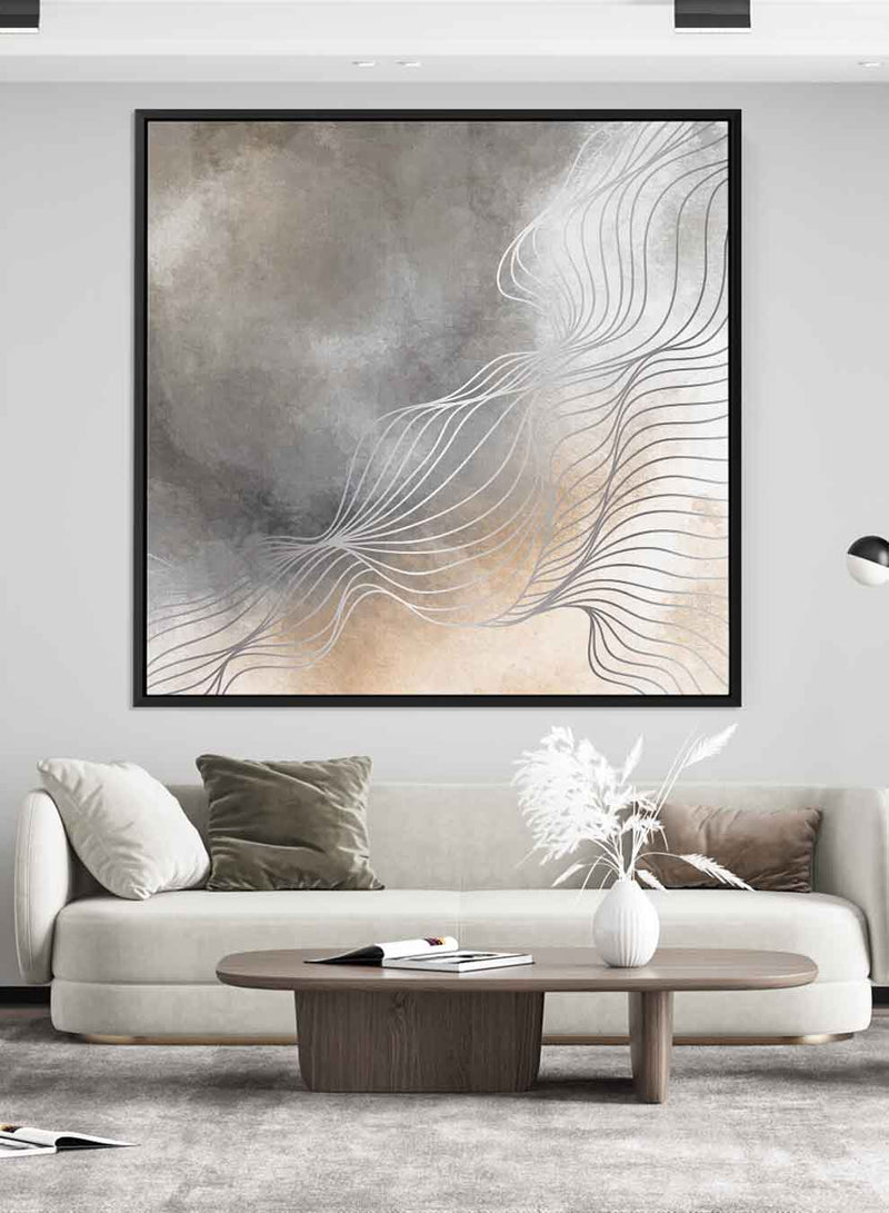 Square Canvas Wall Art Stretched Over Wooden Frame with Black Floating Frame and Grey Abstract Painting