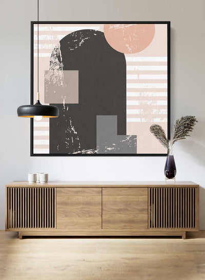 Square Canvas Wall Art Stretched Over Wooden Frame with Black Floating Frame and Colorful Shapes Painting