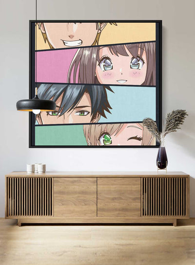 Square Canvas Wall Art Stretched Over Wooden Frame with Black Floating Frame and Anime Painting