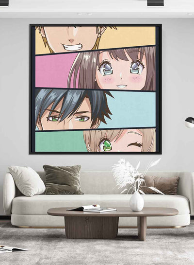 Square Canvas Wall Art Stretched Over Wooden Frame with Black Floating Frame and Anime Painting