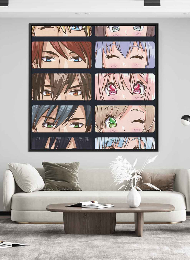 Square Canvas Wall Art Stretched Over Wooden Frame with Black Floating Frame and Group Of Young People Anime Painting
