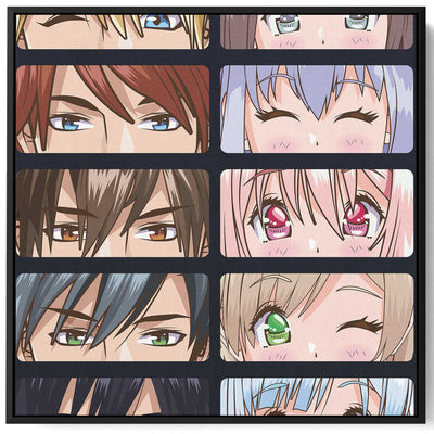 Square Canvas Wall Art Stretched Over Wooden Frame with Black Floating Frame and Group Of Young People Anime Painting