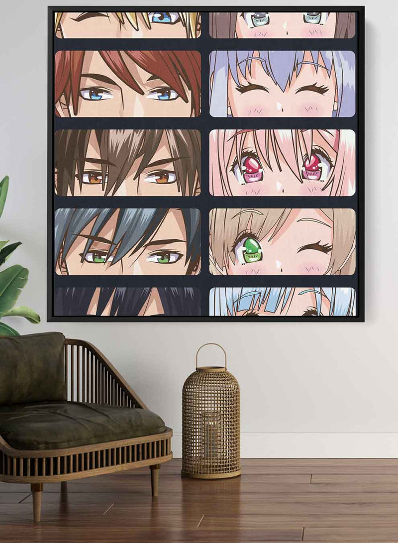 Square Canvas Wall Art Stretched Over Wooden Frame with Black Floating Frame and Group Of Young People Anime Painting