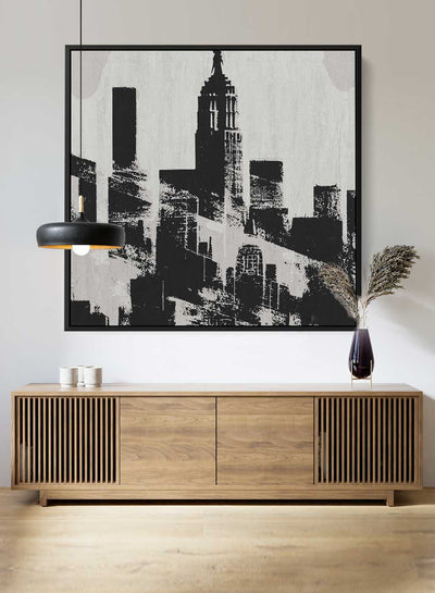 Square Canvas Wall Art Stretched Over Wooden Frame with Black Floating Frame and New York City Painting