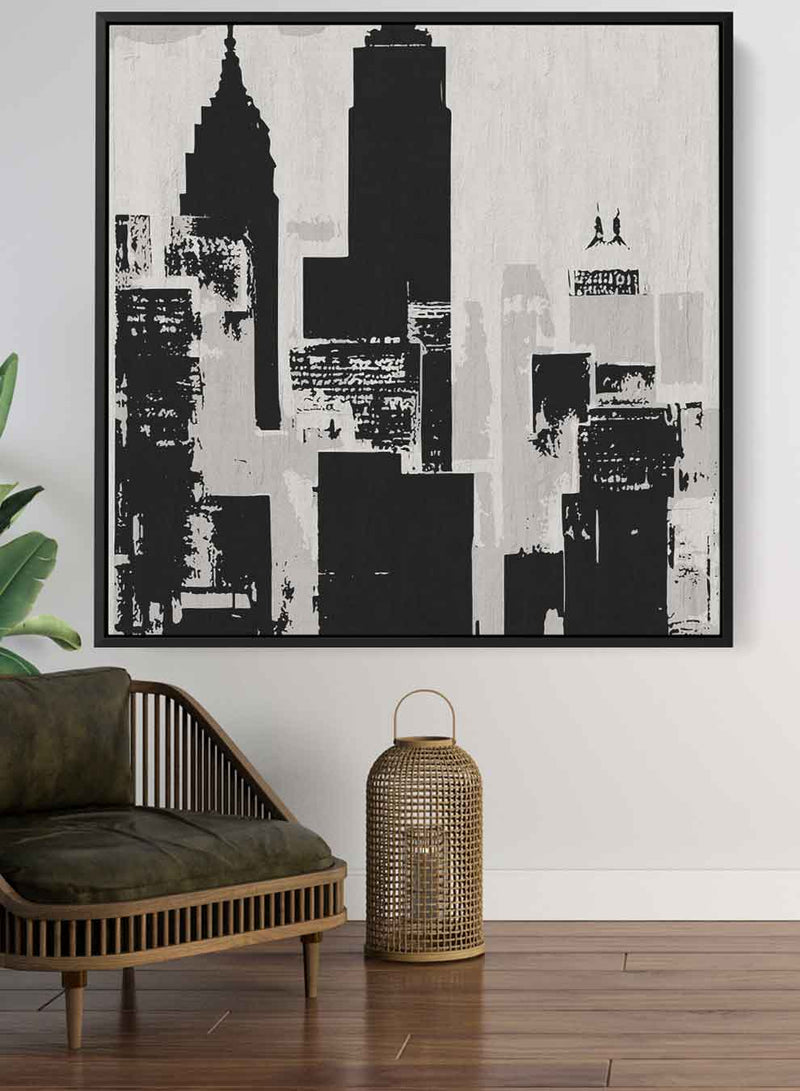 Square Canvas Wall Art Stretched Over Wooden Frame with Black Floating Frame and New York Painting