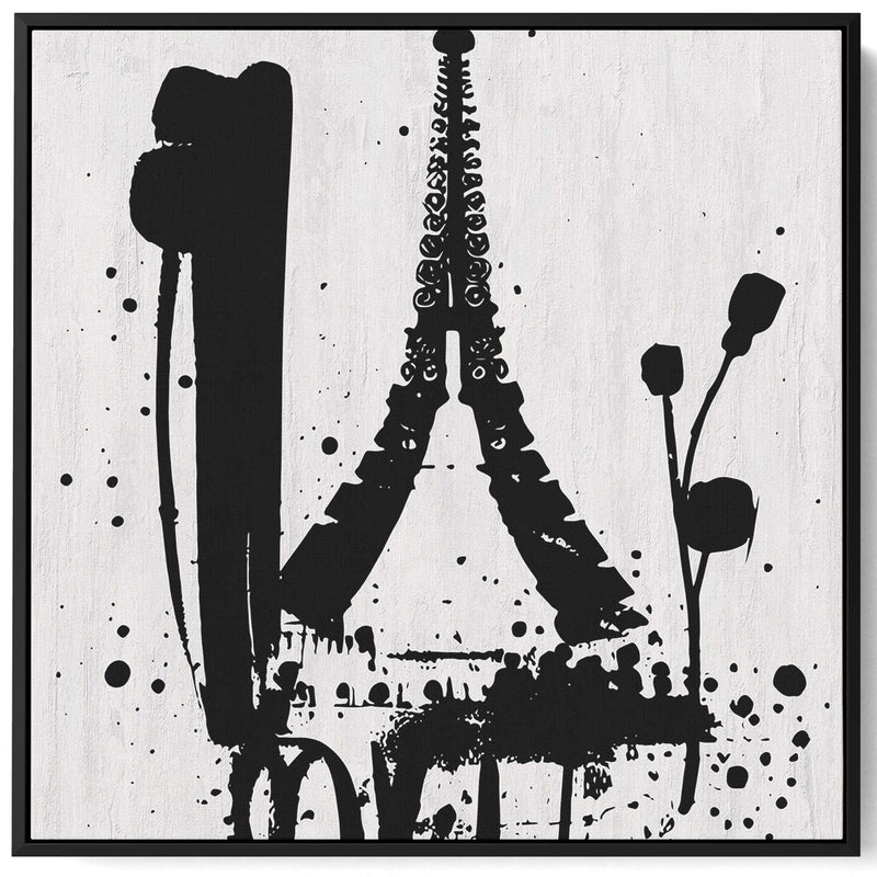 Square Canvas Wall Art Stretched Over Wooden Frame with Black Floating Frame and Trip To Paris Abstract Painting