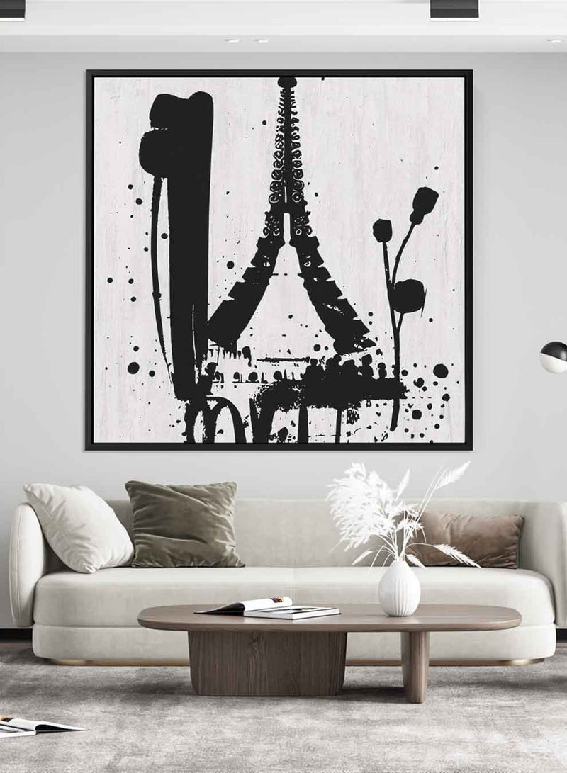 Square Canvas Wall Art Stretched Over Wooden Frame with Black Floating Frame and Trip To Paris Abstract Painting