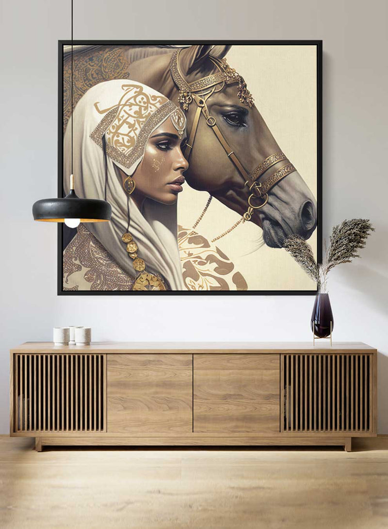 Square Canvas Wall Art Stretched Over Wooden Frame with Black Floating Frame and Arab Woman With Horse Painting