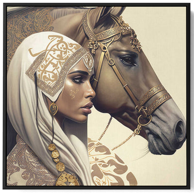 Square Canvas Wall Art Stretched Over Wooden Frame with Black Floating Frame and Arab Woman With Horse Painting