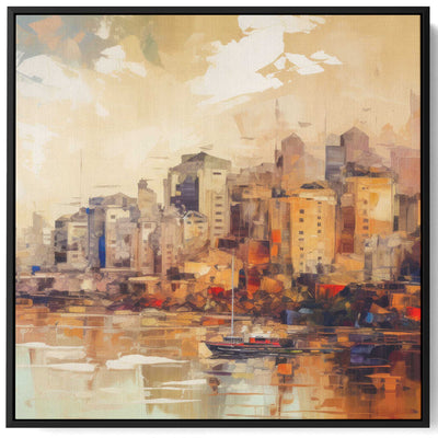 Square Canvas Wall Art Stretched Over Wooden Frame with Black Floating Frame and Colorful City View Painting
