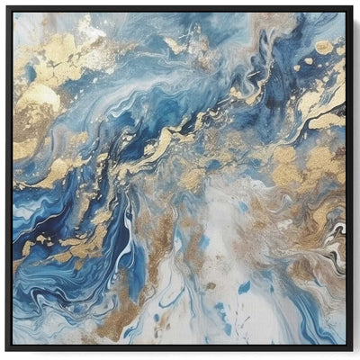 Square Canvas Wall Art Stretched Over Wooden Frame with Black Floating Frame and Shades Of Blue Marble Painting