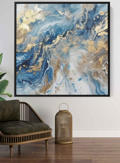 Square Canvas Wall Art Stretched Over Wooden Frame with Black Floating Frame and Shades Of Blue Marble Painting