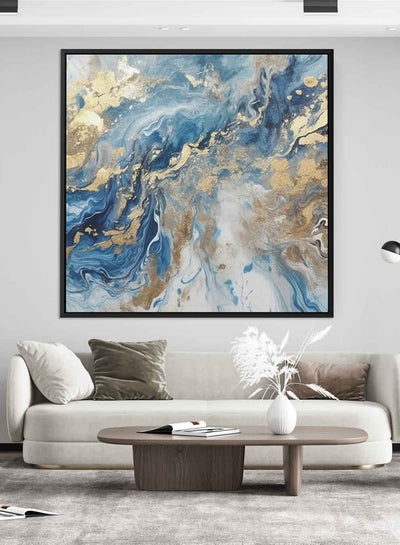 Square Canvas Wall Art Stretched Over Wooden Frame with Black Floating Frame and Shades Of Blue Marble Painting