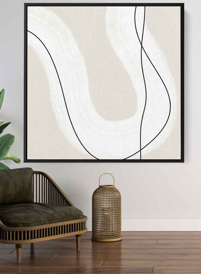 Square Canvas Wall Art Stretched Over Wooden Frame with Black Floating Frame and Curved Line Abstract Painting