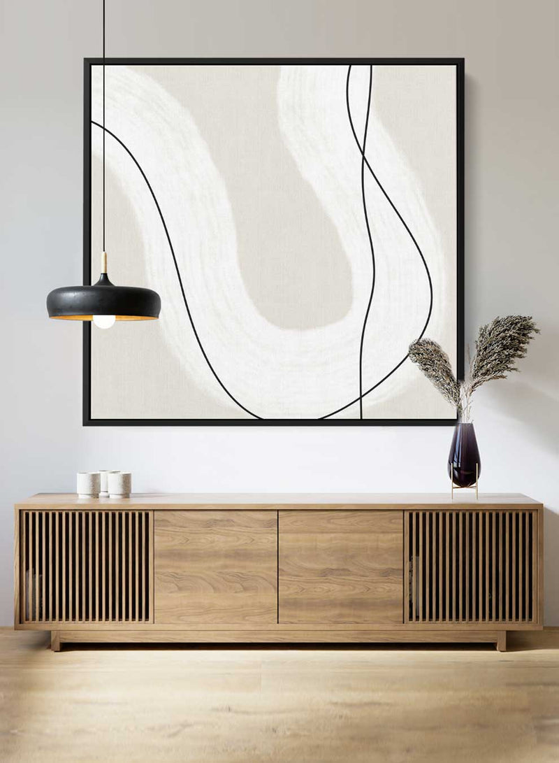 Square Canvas Wall Art Stretched Over Wooden Frame with Black Floating Frame and Curved Line Abstract Painting