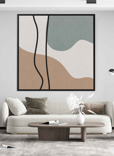 Square Canvas Wall Art Stretched Over Wooden Frame with Black Floating Frame and Boho Painting