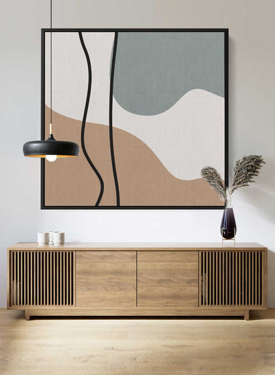 Square Canvas Wall Art Stretched Over Wooden Frame with Black Floating Frame and Boho Painting