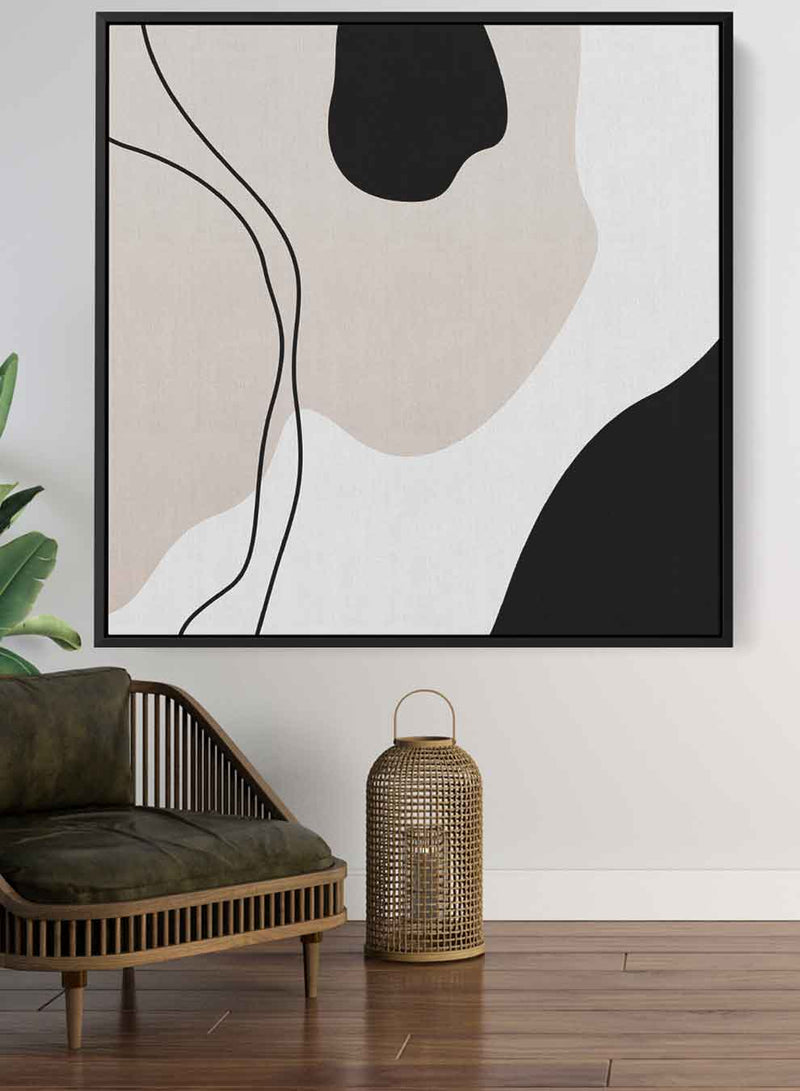 Square Canvas Wall Art Stretched Over Wooden Frame with Black Floating Frame and Boho Abstract Painting
