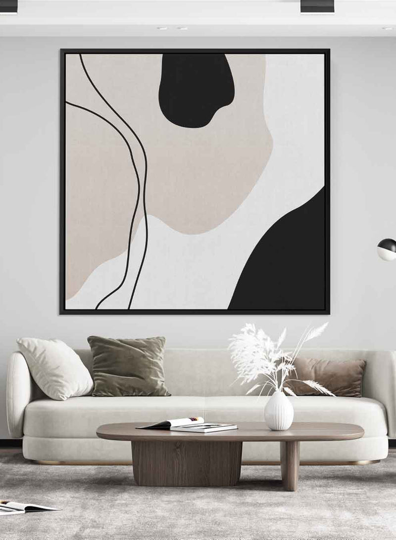 Square Canvas Wall Art Stretched Over Wooden Frame with Black Floating Frame and Boho Abstract Painting