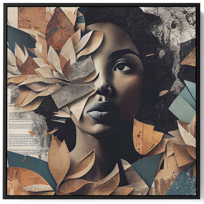 Square Canvas Wall Art Stretched Over Wooden Frame with Black Floating Frame and Elegant Lady With Autumn Leaves Painting