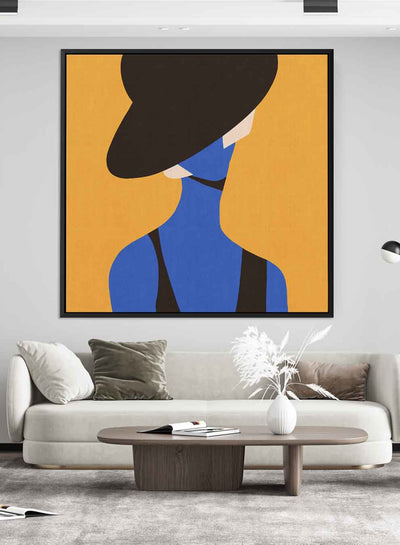 Square Canvas Wall Art Stretched Over Wooden Frame with Black Floating Frame and Elegant Lady Portrait Painting