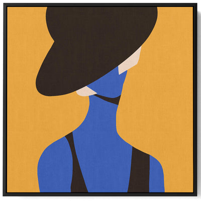 Square Canvas Wall Art Stretched Over Wooden Frame with Black Floating Frame and Elegant Lady Portrait Painting