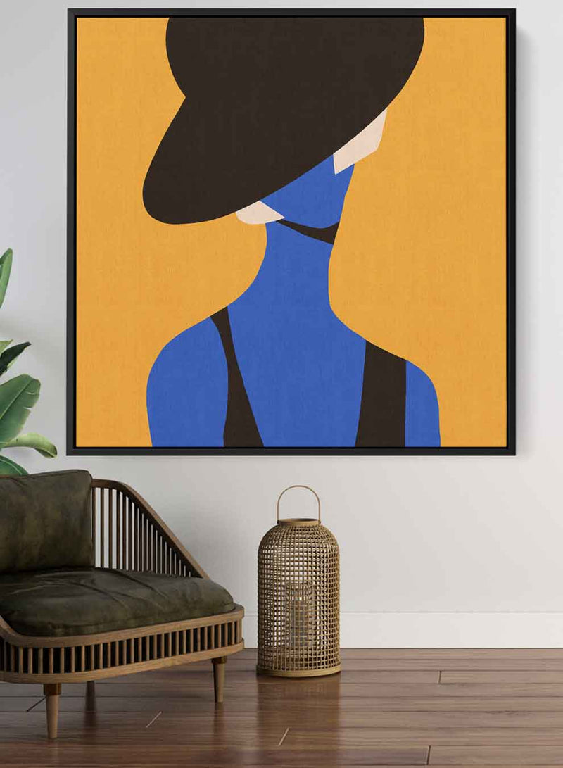 Square Canvas Wall Art Stretched Over Wooden Frame with Black Floating Frame and Elegant Lady Portrait Painting
