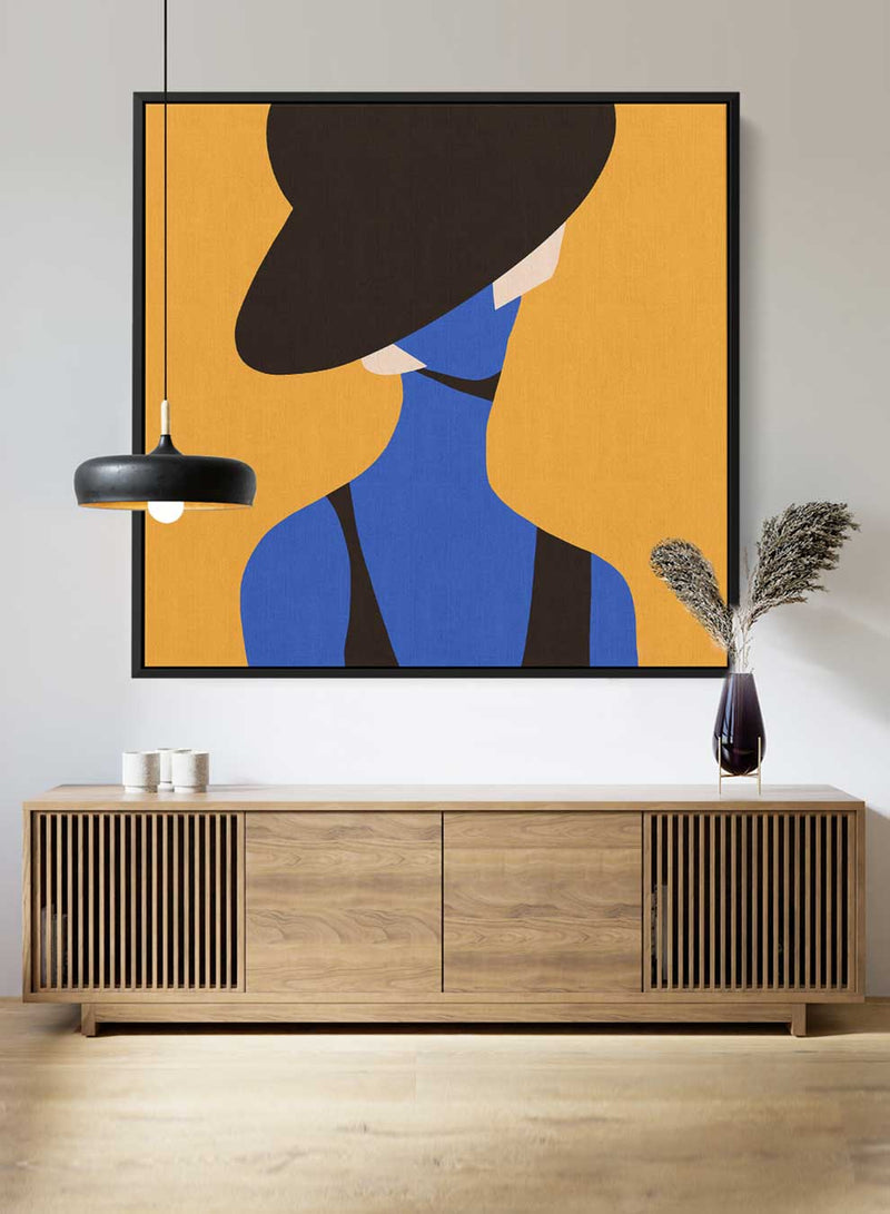 Square Canvas Wall Art Stretched Over Wooden Frame with Black Floating Frame and Elegant Lady Portrait Painting
