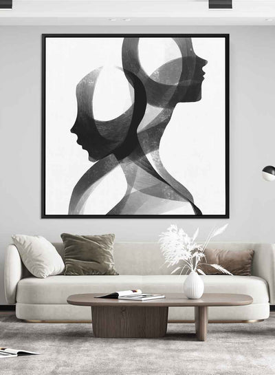 Square Canvas Wall Art Stretched Over Wooden Frame with Black Floating Frame and Portrait Of A Couple Of People Painting