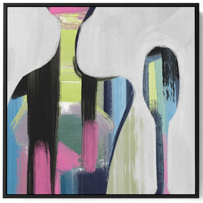 Square Canvas Wall Art Stretched Over Wooden Frame with Black Floating Frame and Colorful Couple Of People Painting