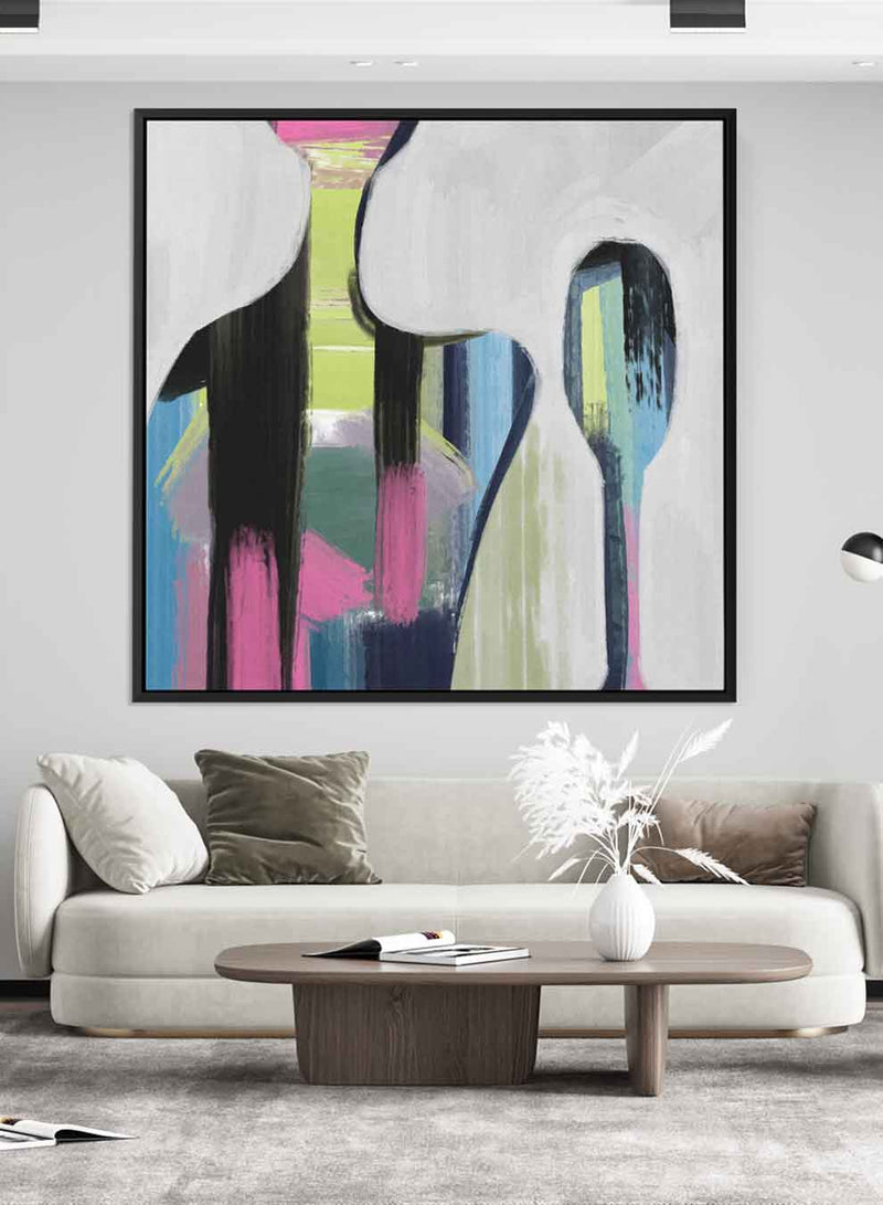 Square Canvas Wall Art Stretched Over Wooden Frame with Black Floating Frame and Colorful Couple Of People Painting