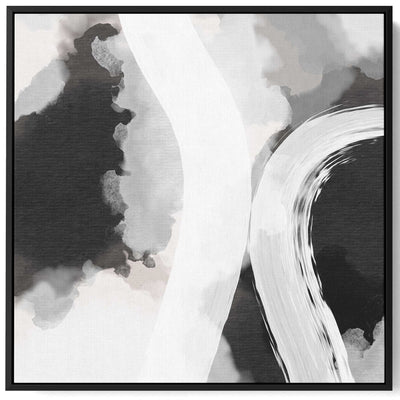 Square Canvas Wall Art Stretched Over Wooden Frame with Black Floating Frame and Black White Abstract Painting