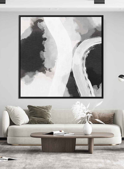 Square Canvas Wall Art Stretched Over Wooden Frame with Black Floating Frame and Black White Abstract Painting