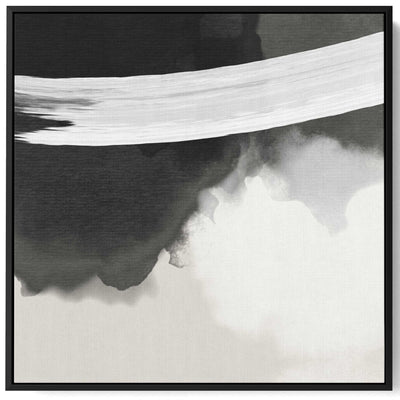 Square Canvas Wall Art Stretched Over Wooden Frame with Black Floating Frame and Black White Abstract Art