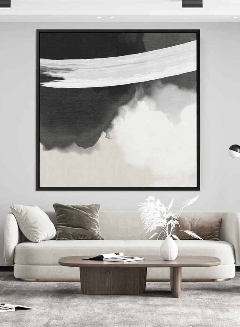 Square Canvas Wall Art Stretched Over Wooden Frame with Black Floating Frame and Black White Abstract Art