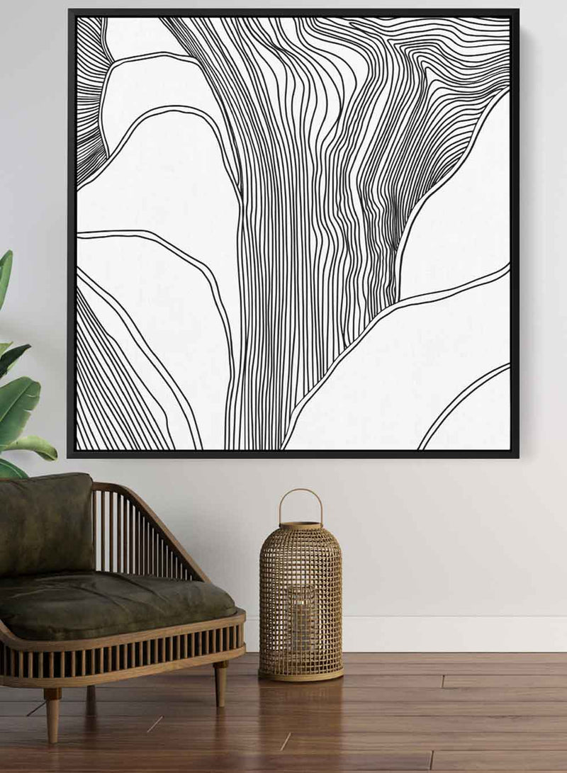 Square Canvas Wall Art Stretched Over Wooden Frame with Black Floating Frame and Black Lines Painting