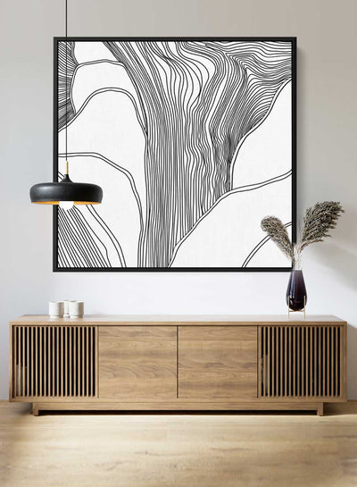 Square Canvas Wall Art Stretched Over Wooden Frame with Black Floating Frame and Black Lines Painting