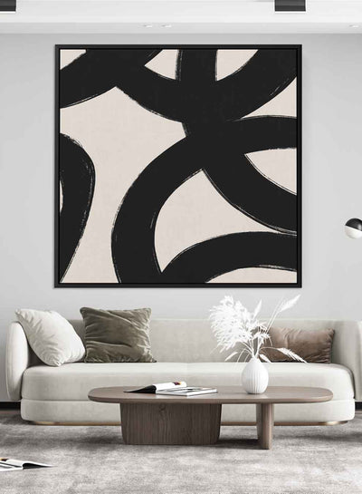 Square Canvas Wall Art Stretched Over Wooden Frame with Black Floating Frame and Crossed Circles Painting