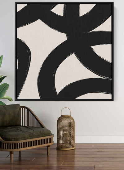 Square Canvas Wall Art Stretched Over Wooden Frame with Black Floating Frame and Crossed Circles Painting