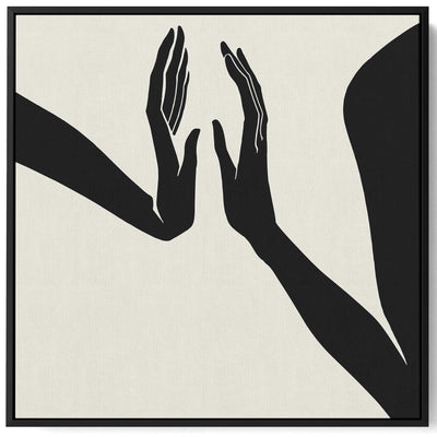 Square Canvas Wall Art Stretched Over Wooden Frame with Black Floating Frame and Touching Hands Painting