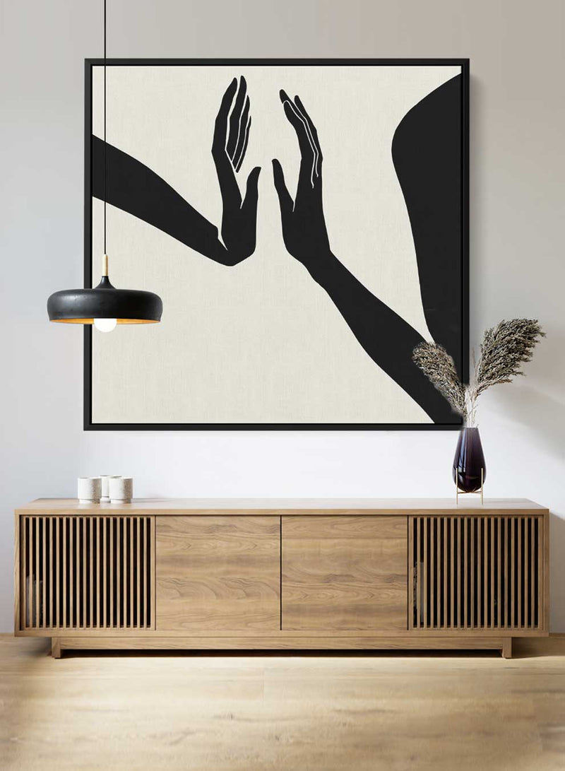 Square Canvas Wall Art Stretched Over Wooden Frame with Black Floating Frame and Touching Hands Painting