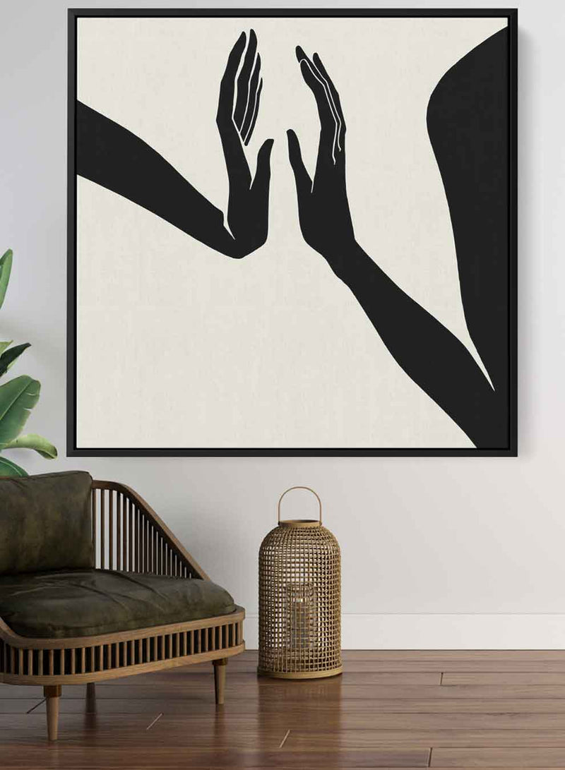 Square Canvas Wall Art Stretched Over Wooden Frame with Black Floating Frame and Touching Hands Painting