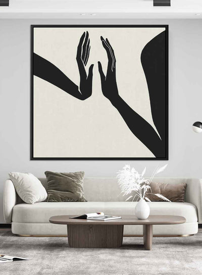 Square Canvas Wall Art Stretched Over Wooden Frame with Black Floating Frame and Touching Hands Painting