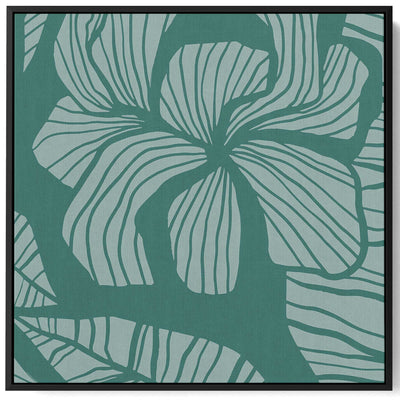 Square Canvas Wall Art Stretched Over Wooden Frame with Black Floating Frame and Floral Art Pattern Painting