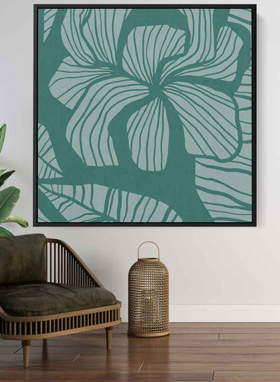 Square Canvas Wall Art Stretched Over Wooden Frame with Black Floating Frame and Floral Art Pattern Painting