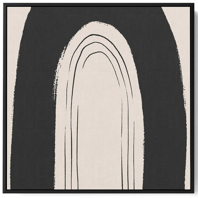 Square Canvas Wall Art Stretched Over Wooden Frame with Black Floating Frame and Black Rainbow Painting