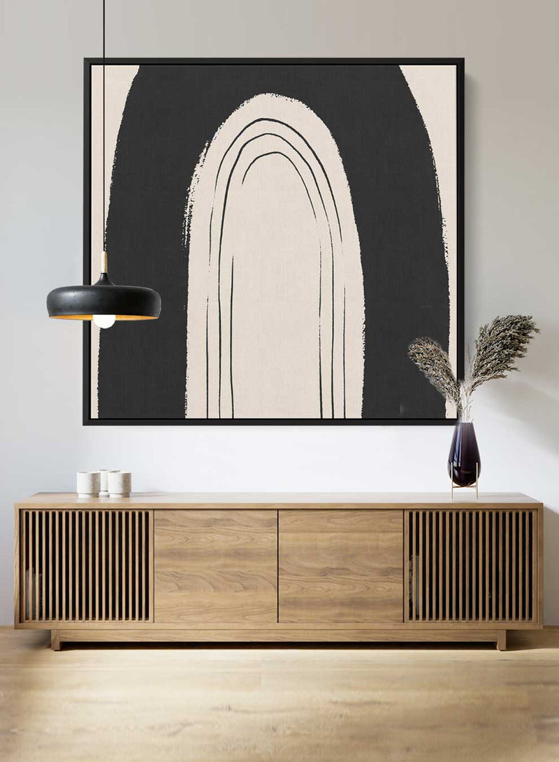 Square Canvas Wall Art Stretched Over Wooden Frame with Black Floating Frame and Black Rainbow Painting
