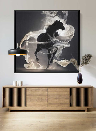 Square Canvas Wall Art Stretched Over Wooden Frame with Black Floating Frame and Running Horse Painting