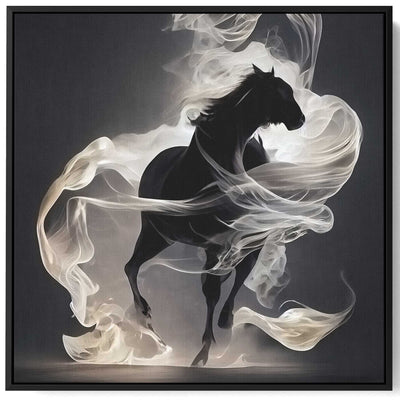 Square Canvas Wall Art Stretched Over Wooden Frame with Black Floating Frame and Running Horse Painting