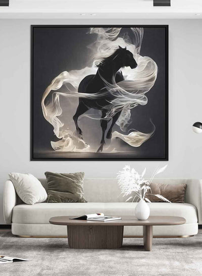 Square Canvas Wall Art Stretched Over Wooden Frame with Black Floating Frame and Running Horse Painting
